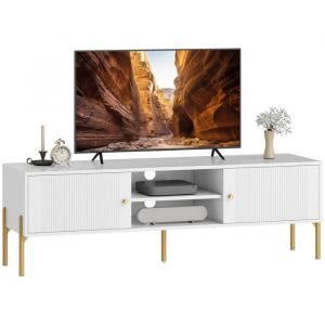 Homcom Meuble TV - jusqu'à 65 pouces - 2 portes, 2 étagères, pieds en acier - panneau de particules et MDF - 140x38x45,9cm - blanc