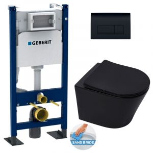 Geberit Pack WC Bâti-autoportant Duofix + WC sans bride Infinitio Noir mat + Abattant softclose + Plaque Noire brillante