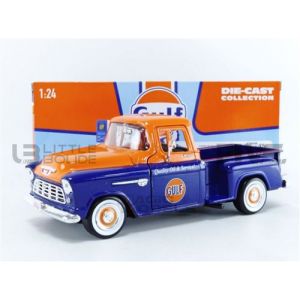 Motormax Voiture Miniature de Collection 1-24 - CHEVROLET Stepside Pickup GULF - 1955 - Orange / Blue - 79651BL