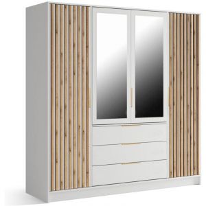 Armoire 4 portes et 3 tiroirs – Avec miroir - L196 cm – Coloris : Naturel et Blanc - LIRMADA