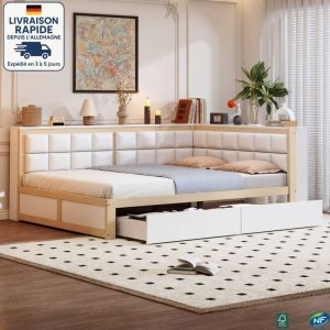 MODFU - Canap&eacute;-lit adulte en bois 140x200cm avec 2 tiroirs, sommier &agrave; lattes tapiss&eacute;, sans matelas, blanc+naturelle