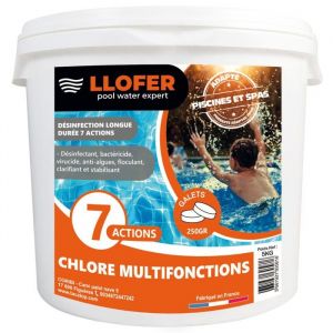 5KG CHLORE MULTIFONCTIONS GALETS DE 250GR - 7 actions: désinfectant, bactéricide, virucide, anti-algues, floculant, clarifiant e