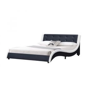 Lit mathis pour matelas 140x190 - Sommier + Tête de Lit Couleur blanc & noir + Pieds en 5 cm pour matelas - 2 x 13 Lattes - revetement pvc Simili