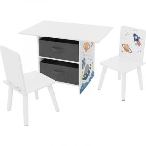 Joyz - Ensemble de 3 Pièces pour Enfants, 1 Table pour Enfants et 2 Chaises, Motif Espace, Blanc, Ensemble de Meubles en Bois, Bureau Table à Dessin