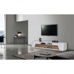 Meuble tv Dfagiol, Buffet bas de salon avec 4 portes, base meuble tv, 100% Made in Italy, 260x43h46 cm, Blanc brillant et Érable - Dmora