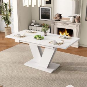 Table à manger rectangulaire extensible 120/160x80x75.5 cm - pour 4 à 6 personnes - plateau épais - pieds en V - blanc