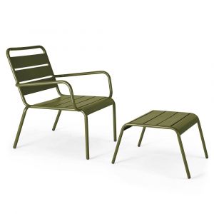 Oviala Fauteuil relax et repose pied en métal Vert Kaki - Palavas