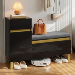 Meuble &agrave; chaussures 120 x 35 x 85 cm - 1 tiroir et 3 portes - Avec banc &agrave; chaussures rembourr&eacute; - Noir