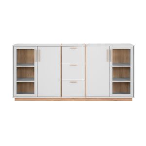 Calicosy Buffet 4 portes et 3 Tiroirs Décor Blanc et Bois L204 cm