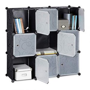 Image de Relaxdays Étagère rangement 9 casiers portes plastique modulable DIY assemblage plug in bibliothèque 95x95x32 cm, noir