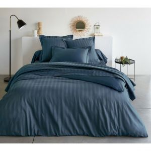 Housse de couette satin de coton 2 faces uni / rayé TERTIO - Bleu Indigo