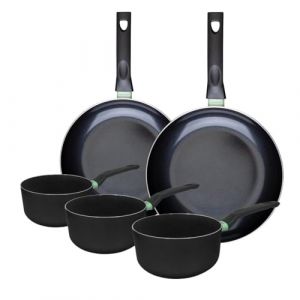 Fackelmann 9430850 Ensemble de 2 poêles de 28 et 30 cm et 3 casseroles 16, 18 et 20 cm, revêtement céramique antiadhésif, sans PFAS, tous feux, induction, four, Aluminium, Noir, Vert, 16, 18 et 20 cm