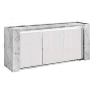 Prava - Buffet 3 Portes Laqué Blanc et Effet Marbre avec Leds