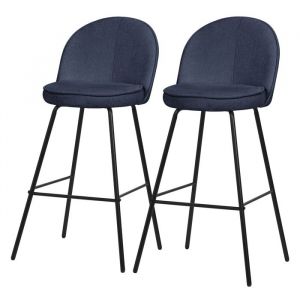 ML-Design Lot de 2 Tabourets de Bar en Tissu Bleu Fonc&eacute;, Hauteur 75 cm, Chaises de Comptoir Rembourr&eacute;es avec Dossier et Repose-Pieds, Structure