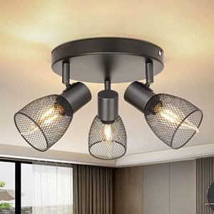 Dehobo Spots de Plafond Orientable, Plafonnier Spot Noir E14, Spot Cuisine Industriel 60W san Ampoules, Plafonnier 3 Spots Rond Abat-jour en Maille Métallique pour Chambre Salon Couloir