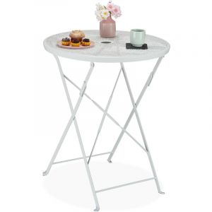 Table de balcon, trou parasol, motifs terrazzo, h x d : 71,5 x 60,5 cm, acier, pliante, console ronde, blanc - Relaxdays