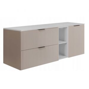 Meuble sous Lavabo 80 cm FLOW - Fa&ccedil;ades rainur&eacute;es - avec plan de travail et &eacute;tag&egrave;re - Cachemire/Blanc - 140 x 57 x 46 cm