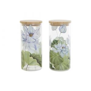 DKD Home Decor Lot de 2 boîtes en silicone bleu blanc vert naturel bambou verre Borosilicate 1,4 l 10 x 10 x 22 cm