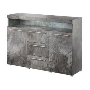 Buffet 130cm BOMBAY coloris gris effet ardoise. Éclairage LED multicolore intégré.