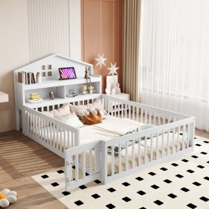 Fortuna Lai - Lit cabane 140x200cm - lit enfant en bois massif avec sommier à lattes, étagères de rangement, grille et porte - blanc