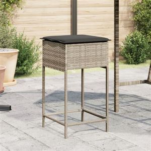 VidaXL Tabourets de bar jardin avec coussins lot de 2 gris clair rotin, tabouret, tabouret de bar ext&eacute;rieur, chaise de bar, tabouret de jardin