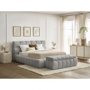 Bobochic Lit coffre mont-blanc + Bout de lit mont-blanc tissu bouclette 160x200 + bout de lit 140 Gris clair