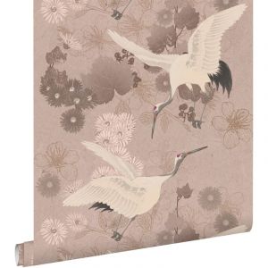 Image de Estahome - papier peint oiseaux de grue gris rose