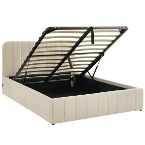 Lit coffre adulte 180x200 cm avec tête de lit capitonnée en velours beige - Ava