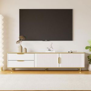 Meuble TV 175x40x45 cm avec 2 tiroirs et 2 Casiers grand espace de rangementcommode TV moderne aspect marbreblanc