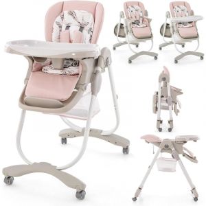 Costway Chaise Haute B&eacute;b&eacute; Pliante-Dossier Inclin&eacute;-Hauteur R&eacute;glable-Plateau Repas Amovible Sans Bpa-6-36 Mois-4 Roues Pivotantes-Rose