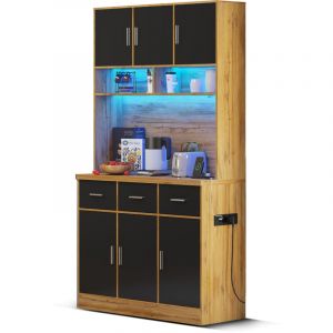 Buffet haut, buffet salon, buffet led avec tiroirs, étagères réglables, trous de gestion des câbles et prises, noir et couleur bois