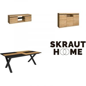 Skraut Home - Ensemble de meubles de salon, Table 200 Bicolore pieds X 10 convives, Meuble TV 140, Buffet 140, Chêne et Noir
