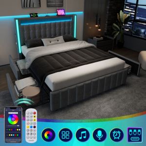 Lit avec tiroirs Lit adulte Lit double 140 x 200 cm avec fonction de chargement usb Type c, led et 4 tiroirs, gris, sans matelas