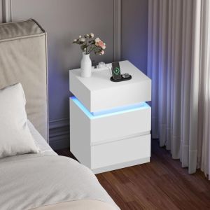 Table de Chevet Woltu Table de Nuit led, avec Station de Charge, 2 Prises, 2 Ports usb, 2 Tiroirs, 1 Casier, Blanc