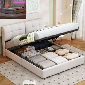 Lit coffre 160x200 cm avec led et hydraulique lit 160x200 cm avec sommier &agrave; lattes lit adulte 160&times;200 cm tissu en velours beige
