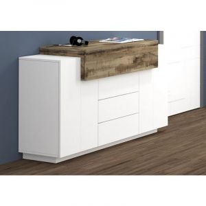 Image de Alter Buffet moderne, Buffet design avec 3 portes et 3 tiroirs, Made in Italy, Meuble tv, Buffet de salon, 160x45h86 cm, Couleur blanc brillant et Érable