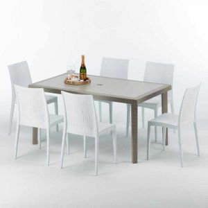 Grand Soleil Table rectangulaire et 6 chaises Poly rotin resine ensemble bar cafè exterieur 150x90 Beige | Bistrot Blanc