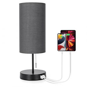 Aigostar Lampe de Chevet avec 2 Ports de Charge USB, Lampe de Table E27 avec Interrupteur à Tirette, Base de Métal, Lampe de Bureau pour Salon, Chambre, Bureau - Gris