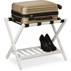 Relaxdays Porte-valise pliant, bois, H x L x P : 54,5 x 66 x 44,5 cm, 2 &eacute;tag&egrave;res, repose bagages h&ocirc;tel, blanc