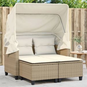 VidaXL Canapé de jardin 2 places avec auvent et tabourets beige rotin