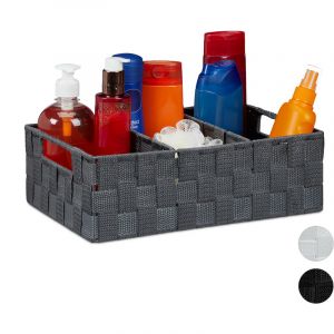 Image de Relaxdays Corbeille de rangement avec compartiments, stockage cosmétique, salle de bain, poignées, 10x32x21 cm, gris