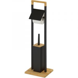 Relaxdays Ensemble WC, bambou, porte-rouleau sur pied, brosse WC avec support, 76,5 x 28 x 18 cm, noir