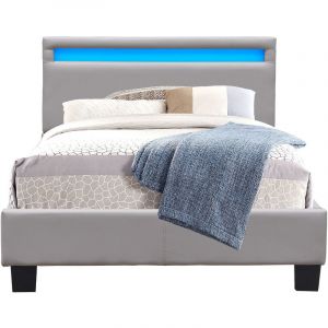 Image de Angel - Solide et Confortable Lit 90x200 avec Sommier + Tête de Lit avec Eclairage led Couleur gris + Pieds en 10 cm pour matelas en - 13 Lattes