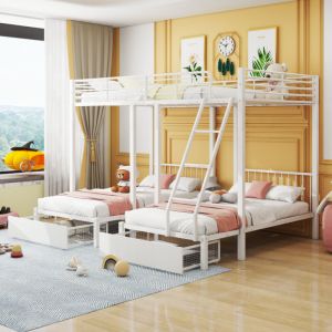 Lit superposé pour 3 enfants avec 2 tiroirs - 140x200cm et 2x90x200cm - cadre en matelas - Blanc (matelas non inclus)