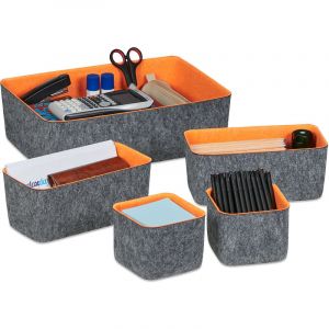 Image de Relaxdays Paniers de rangement en feutre, lot de 5, organiseur de tiroir pour bureau, 3 tailles, corbeilles, gris/orange