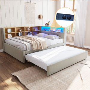 Lit gigogne 140x200cm, led Multicolore, USB/Tape-C, Convient aux enfants adultes, sans matelas, mdf, gris