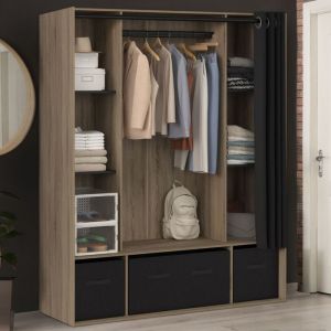 Idmarket Dressing double penderie DIANE 140 x 50 x 172 cm h&ecirc;tre avec &eacute;tag&egrave;res + boites de rangement + rideau noir