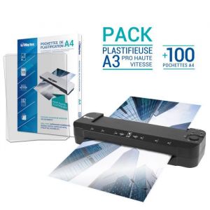 Waytex Plastifieuse A3 A4 A5 A6 A7 Pro Ultra Rapide &agrave; chaud &agrave; froid jusqu&rsquo;&agrave; 2x150 microns temp&eacute;rature r&eacute;glable Pack avec 100 Pochettes A4