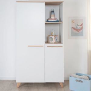 Roba Armoire B&eacute;b&eacute; 2 Portes Et 2 Niches Ouvertes - Leon - 1 Tringle Et 5 &Eacute;tag&egrave;res - Pieds En Bois Massif - Blanc - Ch&ecirc;ne Othello