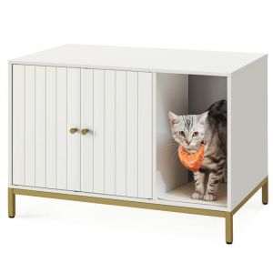 Maison De Toilettes Pour Chat, Cache-Liti&egrave;re, Avec Tapis &Agrave; Griffer, Pieds Hauts, Table D'appoint, 80 X 50 X 55 Cm, Blanc Et Dor&eacute;